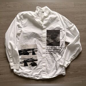 ZARA MEN’S WHITE GRAPHIC BUTTON UP SHIRT SIZE M ART PRINT COTTON